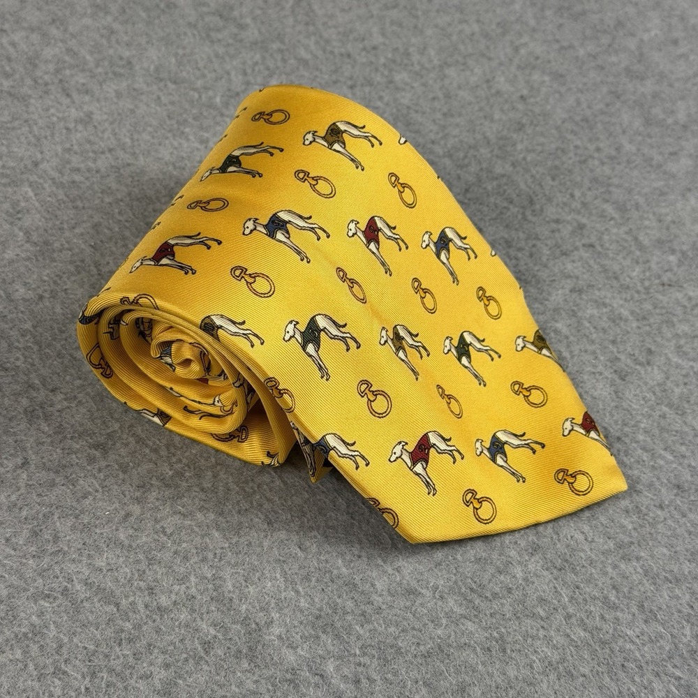 Vintage Bally Silk Tie Italy Yellow Greyhound Racing Dog Novelty Mens 55x4"
